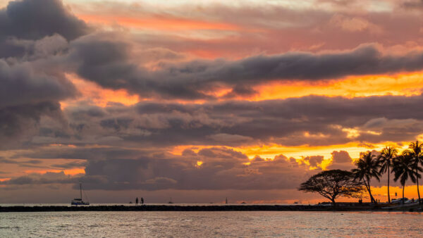 Sunset over the ocean with orange sky and dark clouds; a sailboat near a breakwater and silhouettes of people and palm trees on shore (coastal jetty).