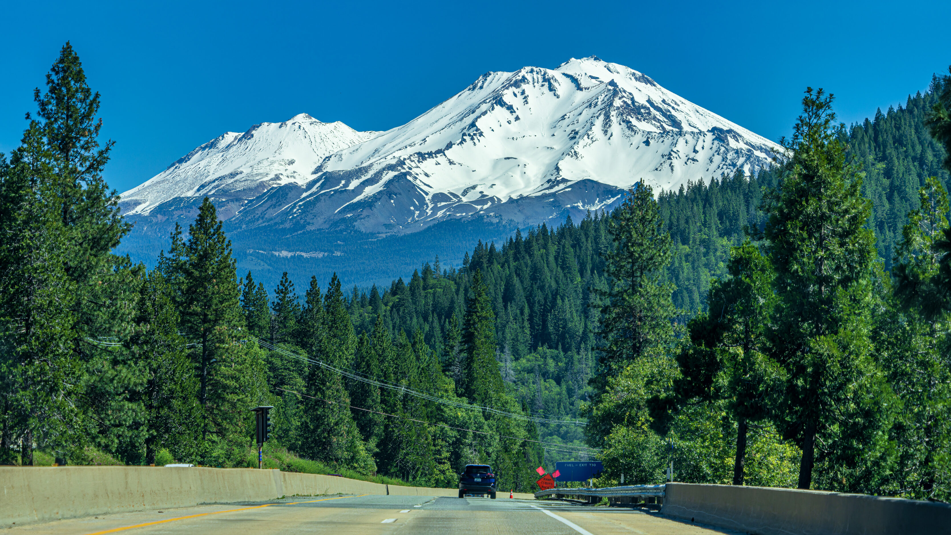 Snow-capped mountain visible over a dense evergreen forest, seen from a highway with barriers in the foreground