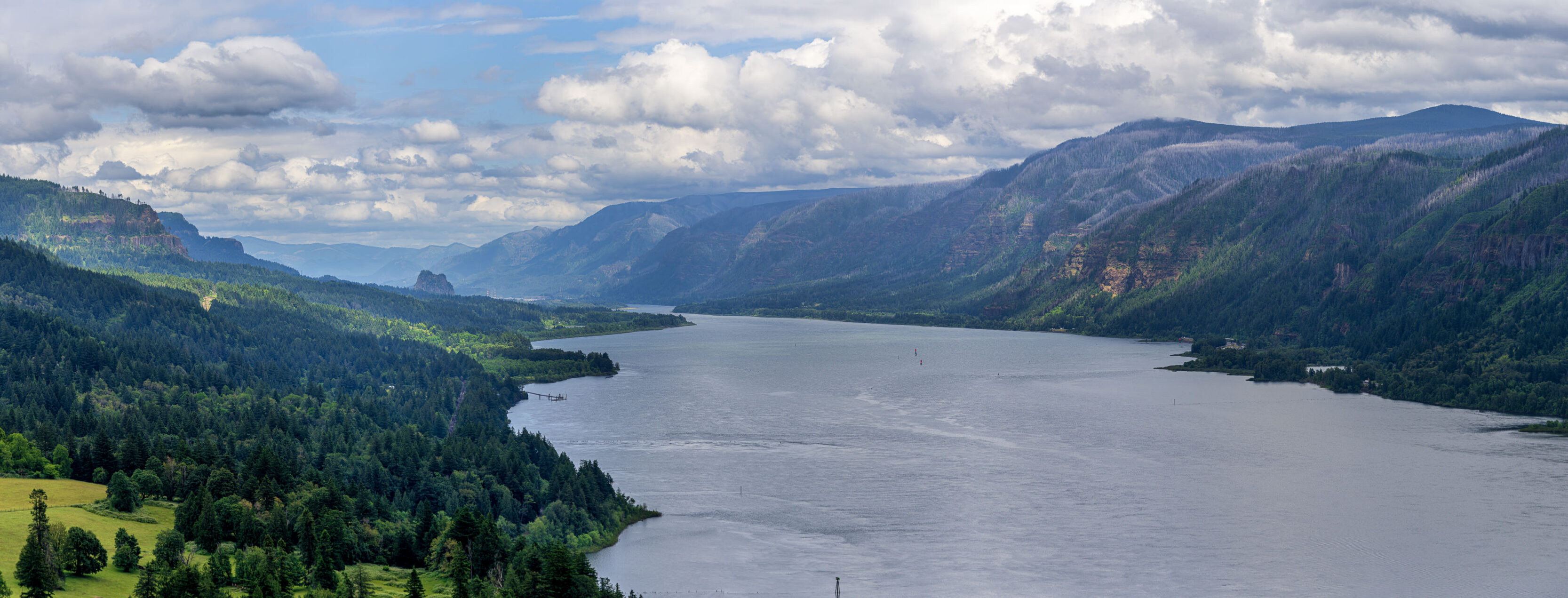 Panoramic view of a wide river winding through a forested valley with blue mountains under a cloudy sky.